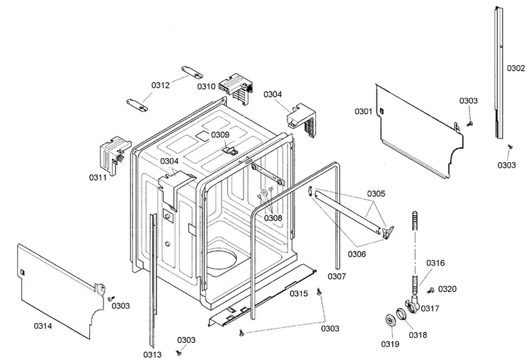 Cabinet Diagram and Parts List for SHE44C05UC 40 Bosch Dishwasher