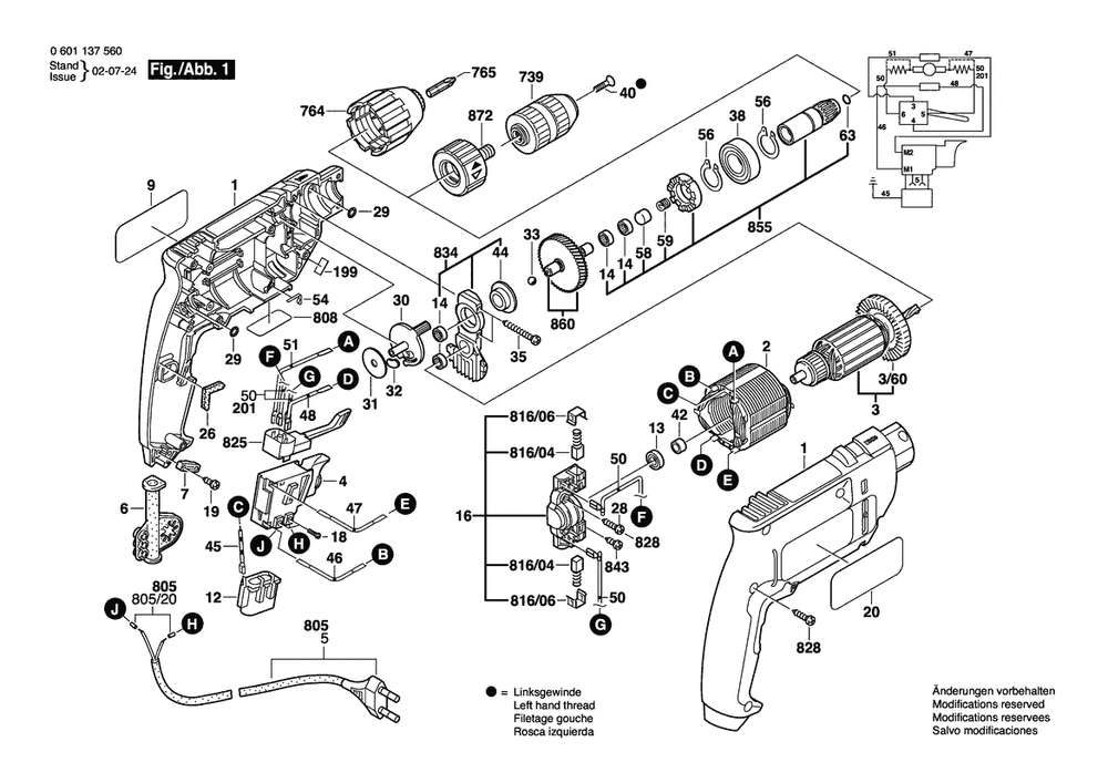 Section 1 Diagram and Parts List for GBM10SRE 0601137561 Bosch Drill