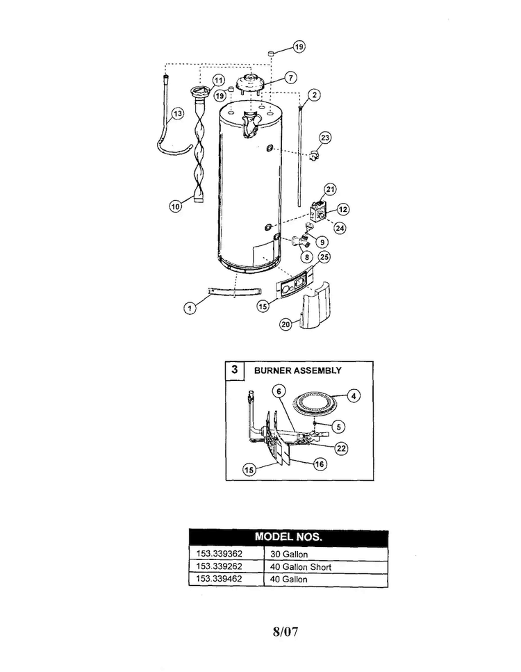 Water Heater Diagram and Parts List for 153339462  Kenmore Water Heater
