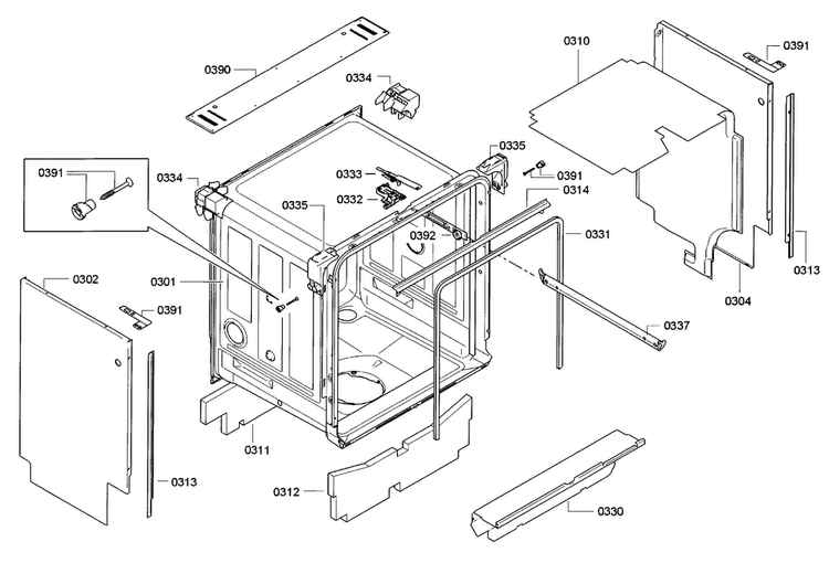 Frame Diagram and Parts List for SGE63E06UC A3 Bosch Dishwasher
