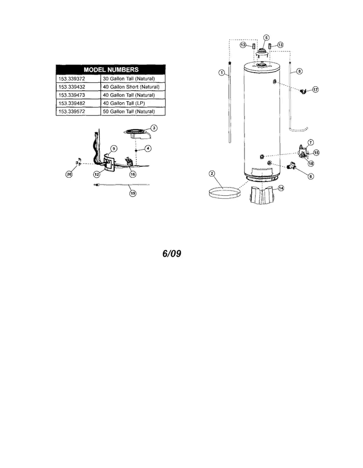 Water Heater-40 Gal. Short Diagram and Parts List for 153339432  Kenmore Water Heater
