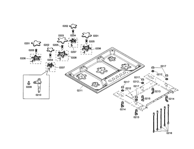 Cooktop Diagram and Parts List for SGS305FS 02 Thermador Cooktop