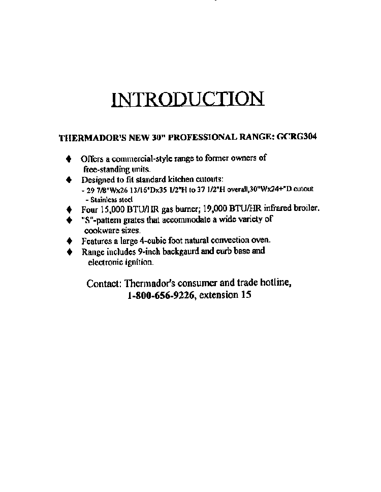 Introduction Diagram and Parts List for GCRG304  Thermador Range