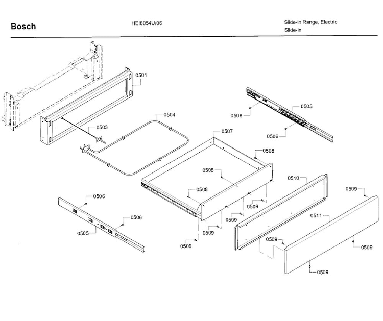 Drawer Assy Diagram and Parts List for HEI8054U 06 Bosch Range