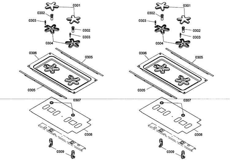 Burners Diagram and Parts List for PCG364EL01  Thermador Cooktop