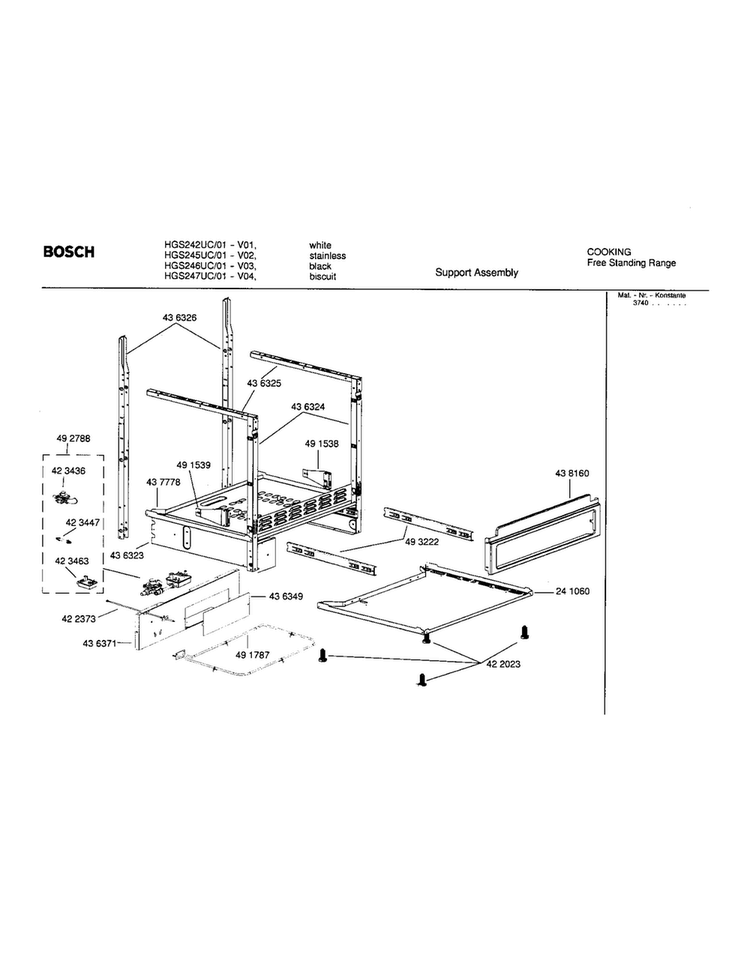 Support Assembly Diagram and Parts List for HGS242UC 01 Bosch Range