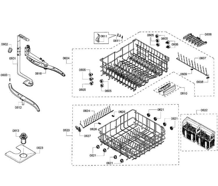Baskets Diagram and Parts List for SHE43P16UC 61 Bosch Dishwasher