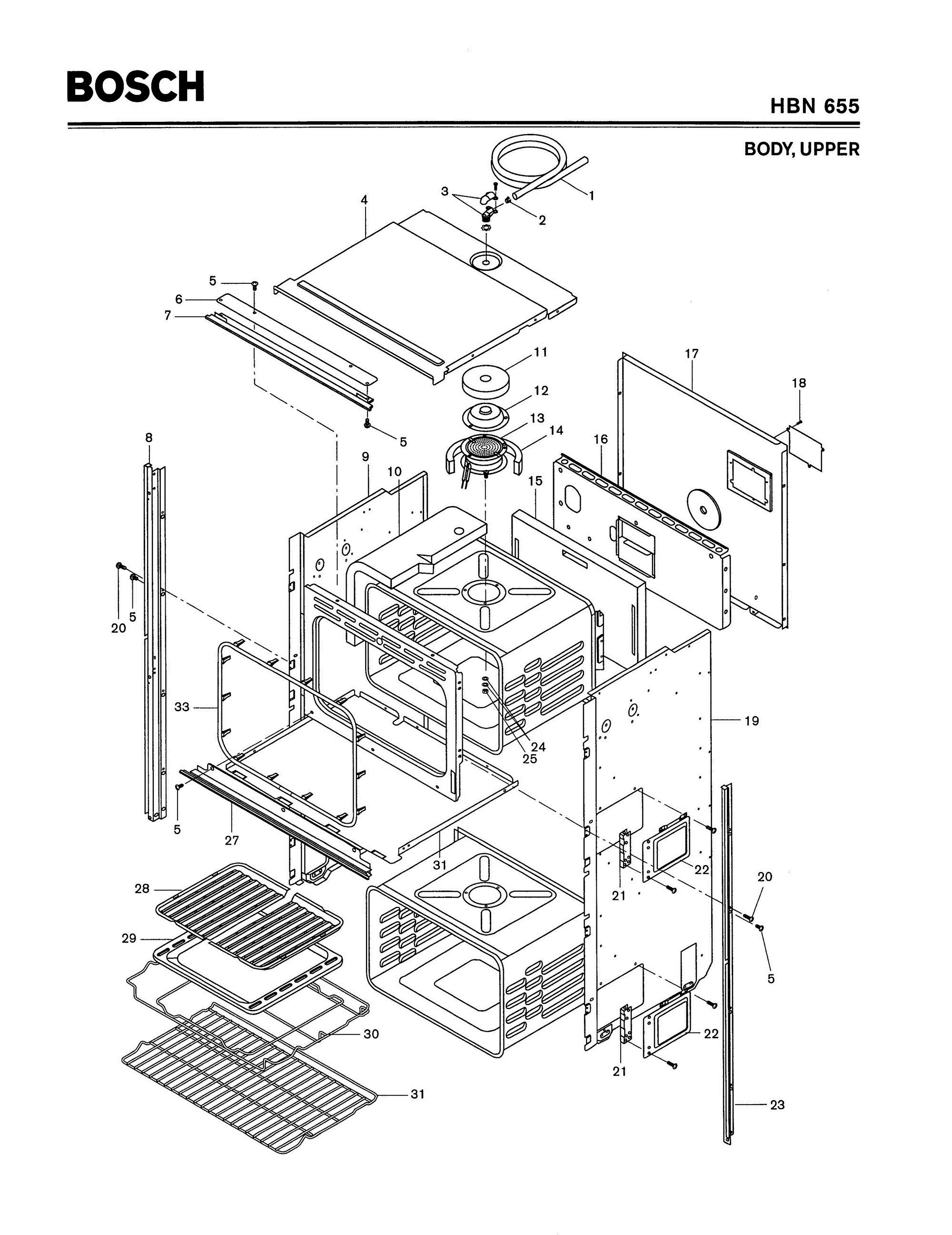 01 - BODY, UPPER Diagram and Parts List for HBN655  Bosch Range