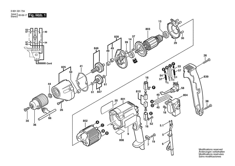 Section 1 Diagram and Parts List for 1000VSR 0601000745 Bosch Drill