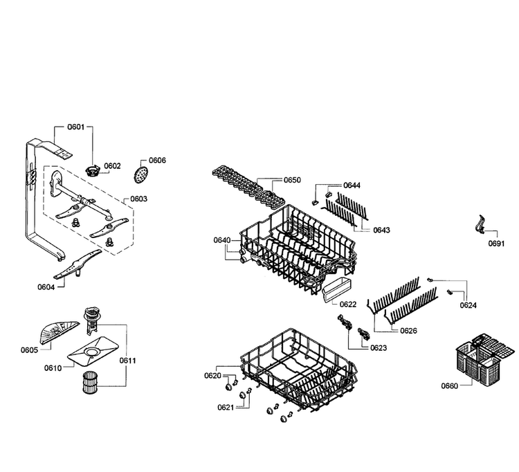 Baskets Diagram and Parts List for SPE5ES55UC 07 Bosch Dishwasher