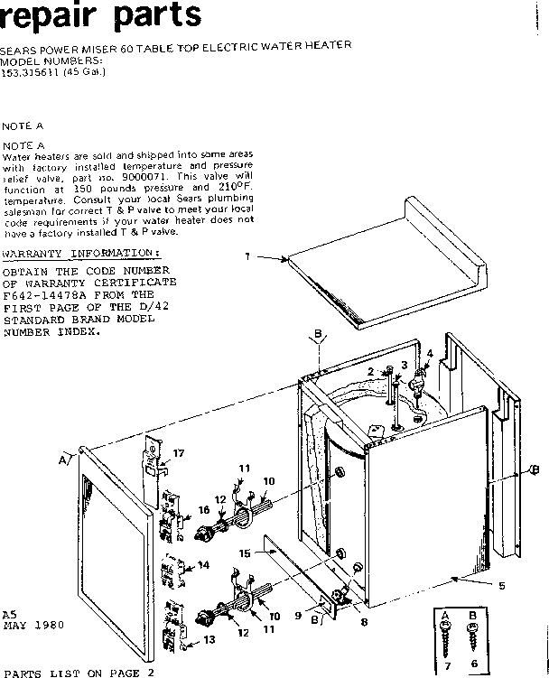 Replacement Parts Diagram and Parts List for 153315611  Kenmore Water Heater