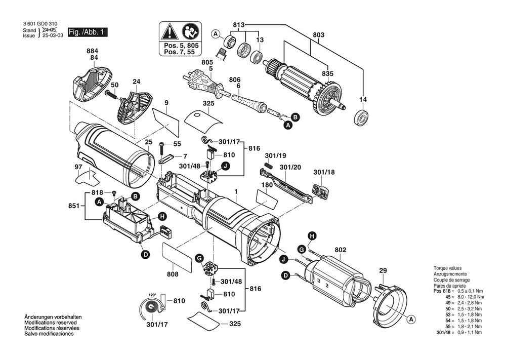 Figure 1 Diagram and Parts List for 3601GD0310 GWS14-50 Bosch Angle Grinder