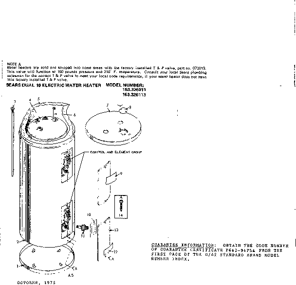 Non-functional Replacement Parts Diagram and Parts List for 153326113  Kenmore Water Heater