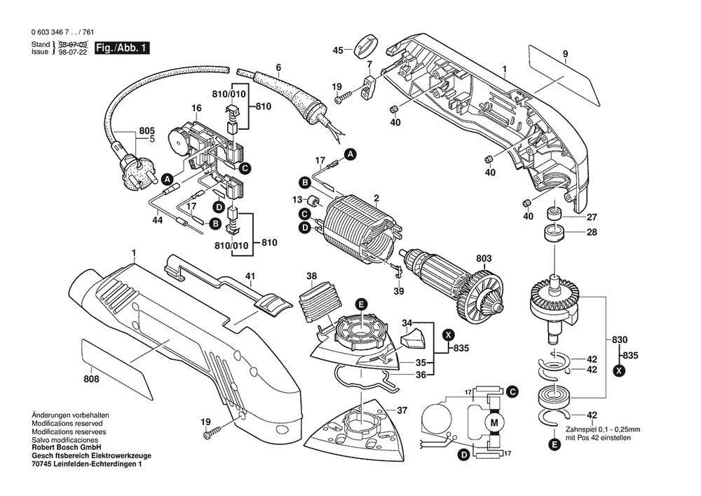 Section 1 Diagram and Parts List for PDA240E 0603346738 Bosch Sander Grinder