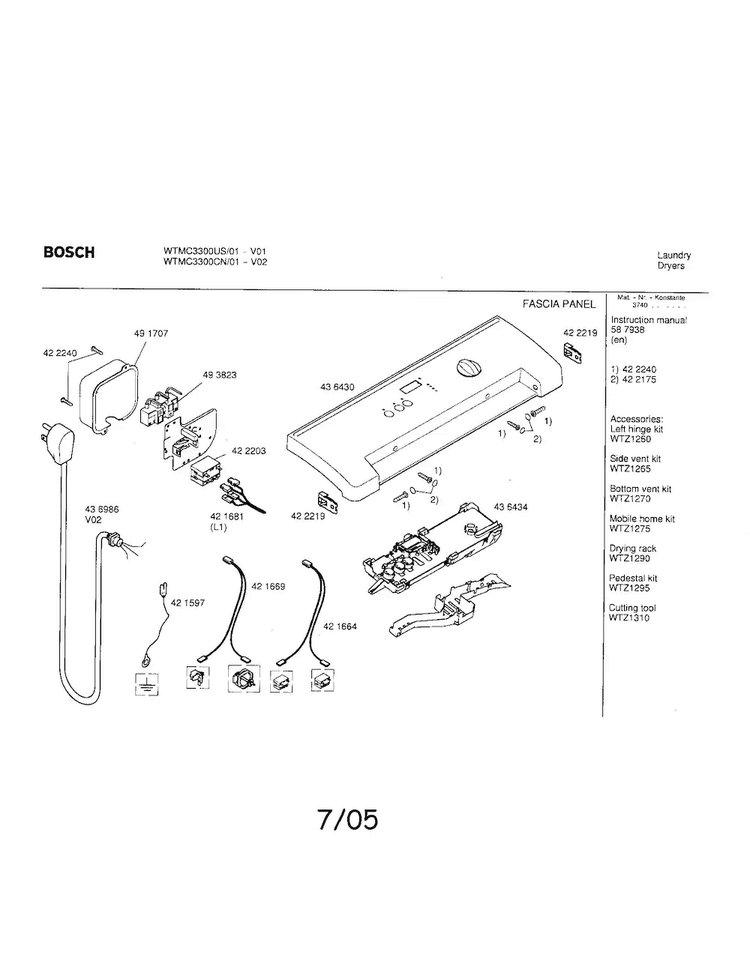 Fascia Panel Diagram and Parts List for WTMC3300US 01 Bosch Dryer
