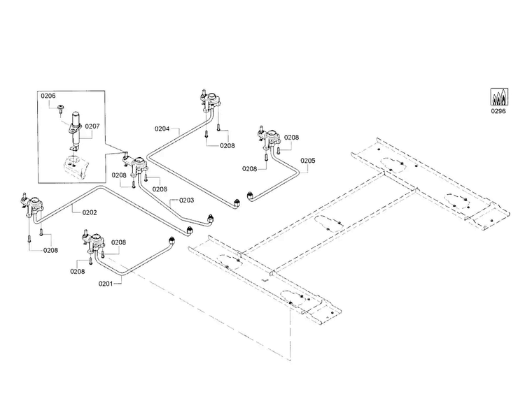Gas Pipe Assy Diagram and Parts List for NGM5655UC 01 Bosch Cooktop