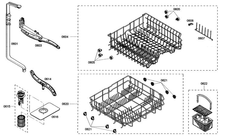 Shelfs Assy Diagram and Parts List for SHX3AM05UC 01 Bosch Dishwasher