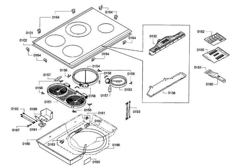 Cooktop Assy Diagram and Parts List for NET5054UC 02 Bosch Cooktop