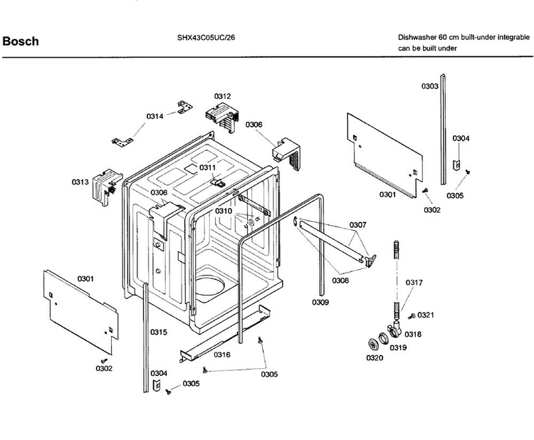 Frame & Cover Diagram and Parts List for SHX43C05UC 26 Bosch Dishwasher