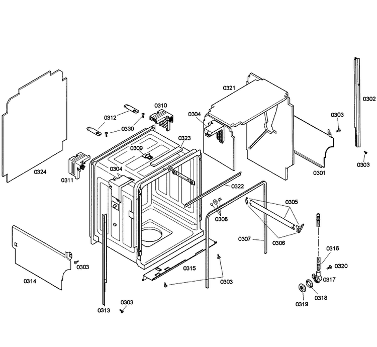 Cabinet Diagram and Parts List for SHE55C05UC 50 Bosch Dishwasher