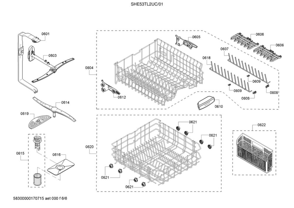 Spray Arms/Racks Diagram and Parts List for SHE53TL2UC 01 Bosch Dishwasher