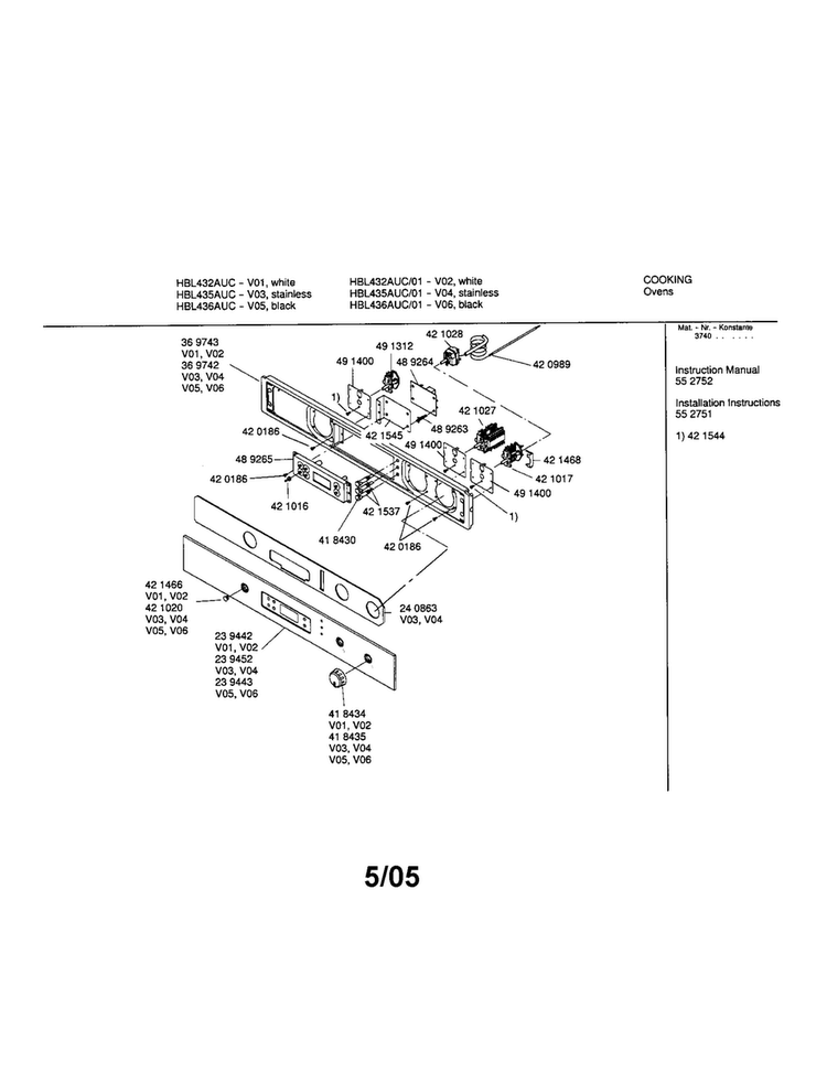 Fascia Panel Diagram and Parts List for HBL436AUC 01 Bosch Wall Oven