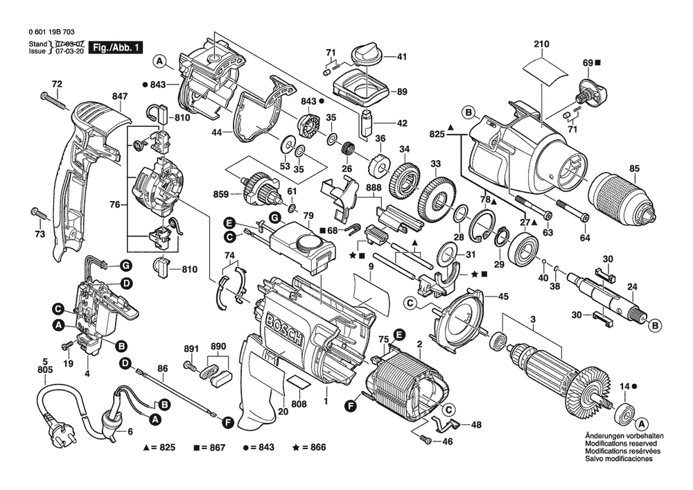 Section 1 Diagram and Parts List for GSB20-2RCESK 060119B732 Bosch Hammer Drill