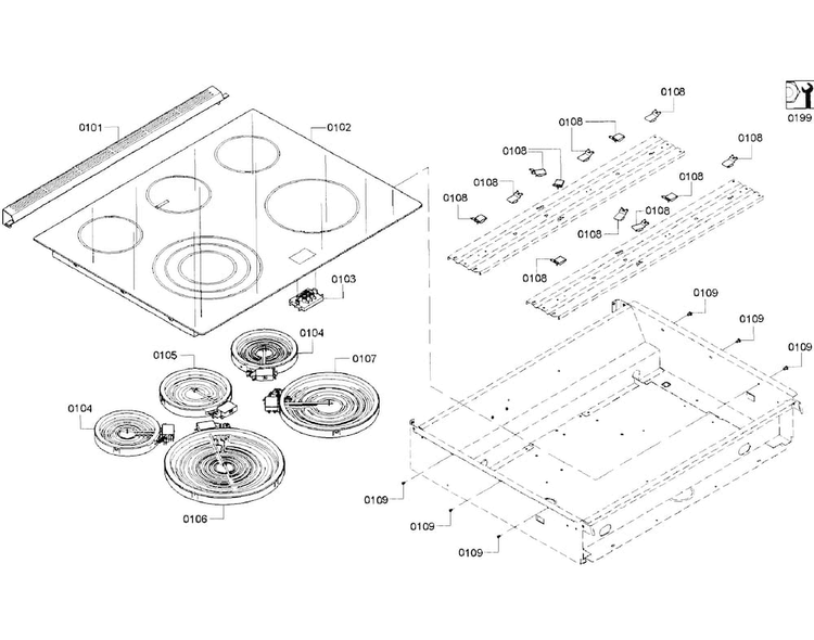 Cooktop Diagram and Parts List for HEIP054U 03 Bosch Range