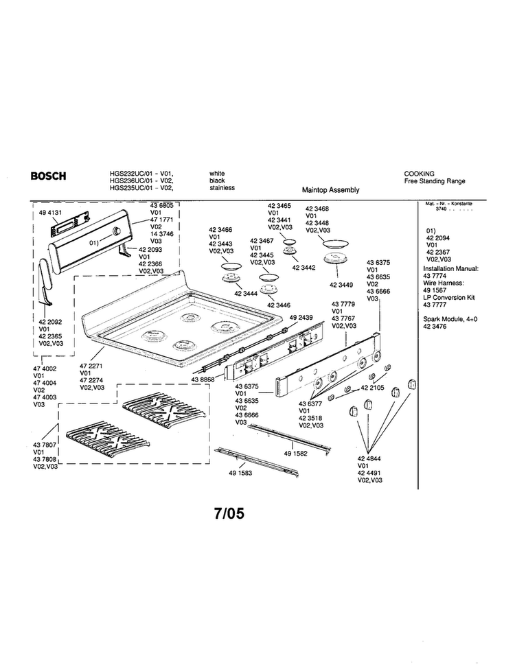 Maintop Assembly Diagram and Parts List for HGS232UC 01 Bosch Range