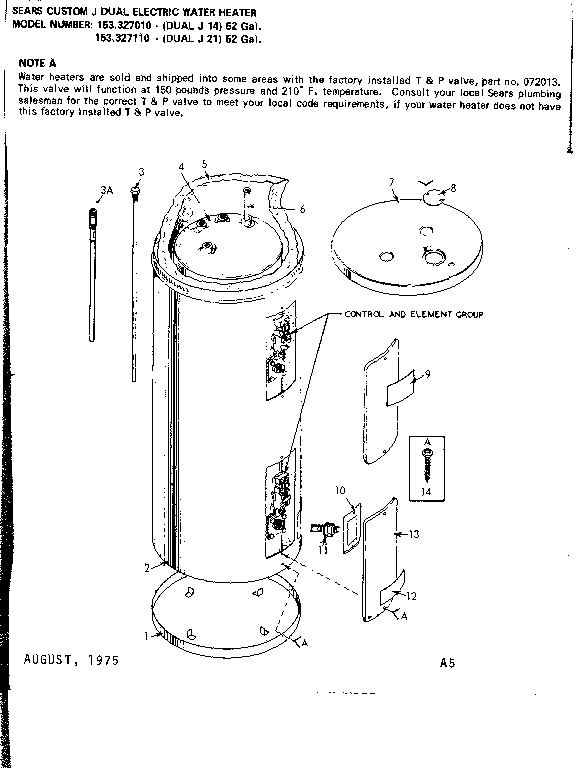 Non-functional Replacement Parts Diagram and Parts List for 153327010  Kenmore Water Heater