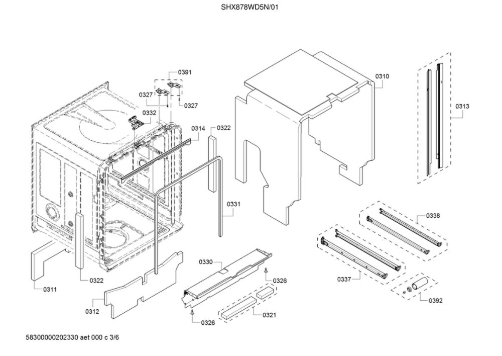 Tub/Trim Diagram and Parts List for SHX878WD5N 01 Bosch Dishwasher