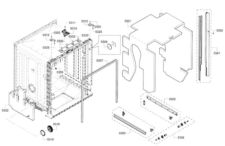 Frame Diagram and Parts List for SHE3ARF2UC 14 Bosch Dishwasher