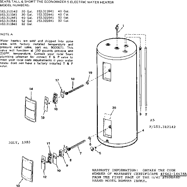 Replacement Parts Diagram and Parts List for 153312841  Kenmore Water Heater