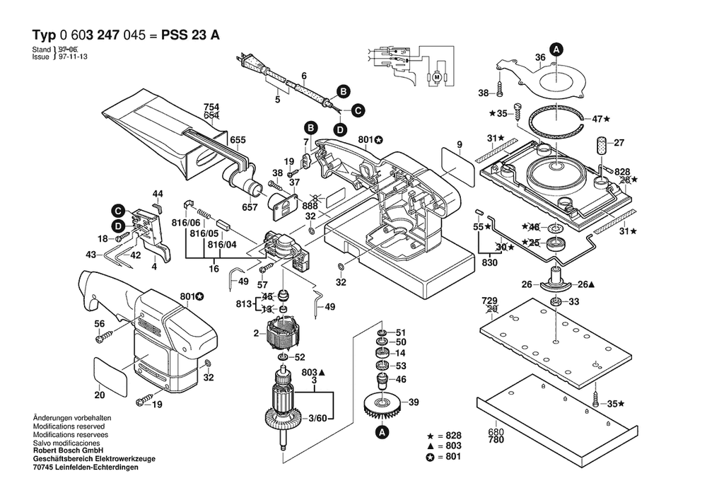 Section 1 Diagram and Parts List for PSS23A 0603247045 Bosch Orbital or Palm Sander