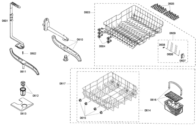 Baskets Diagram and Parts List for SHE33M06UC 53 Bosch Dishwasher