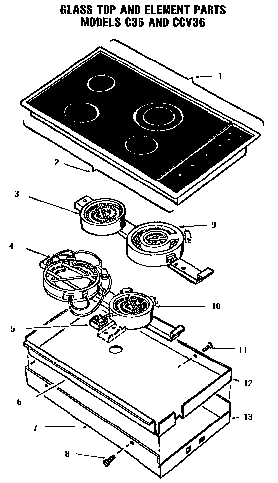 Glass Top And Elements Diagram and Parts List for CCV36  Thermador Cooktop