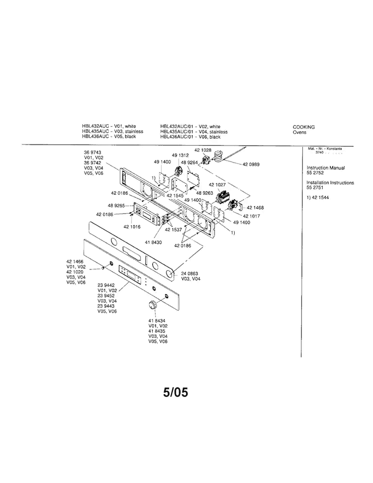 Fascia Panel Diagram and Parts List for HBL435AUC 01 Bosch Wall Oven