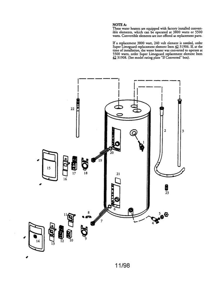 30 Gallon Electric Water Heater Diagram and Parts List for 153314373  Kenmore Water Heater