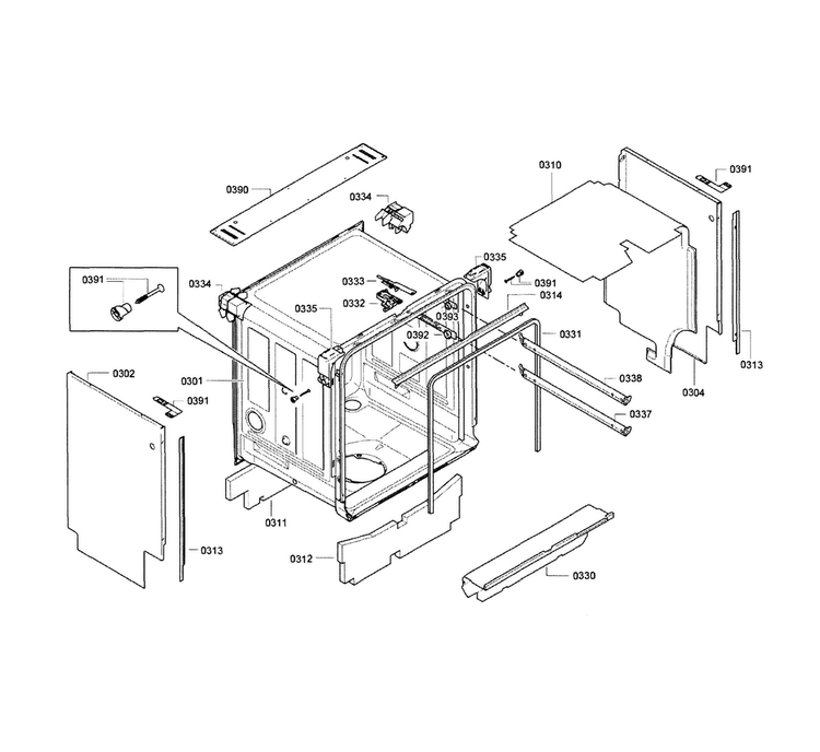 Cavity & Frame Diagram and Parts List for SGE63E15UC 72 Bosch Dishwasher