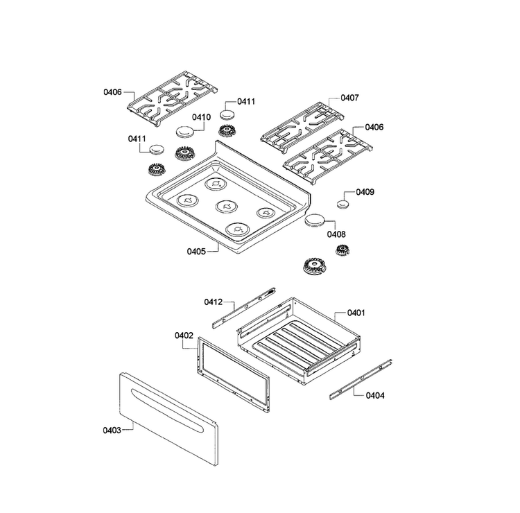 Cooktop & Drawer Diagram and Parts List for HGS3023UC 08 Bosch Range