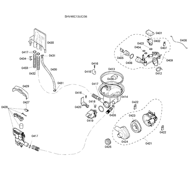 Pump Assy Diagram and Parts List for SHV46C13UC 36 Bosch Dishwasher