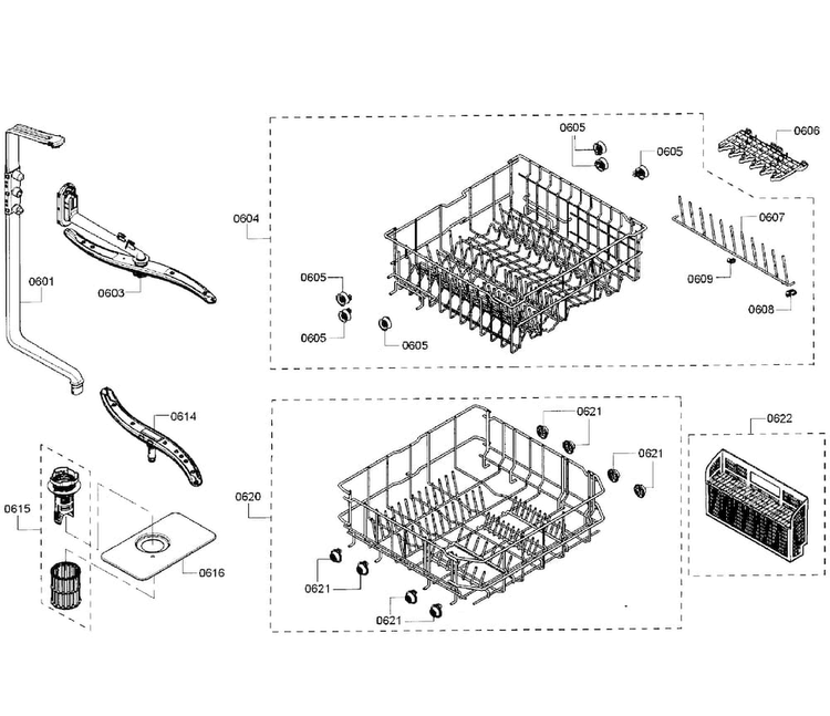 Baskets Diagram and Parts List for SHE3AR56UC 08 Bosch Dishwasher