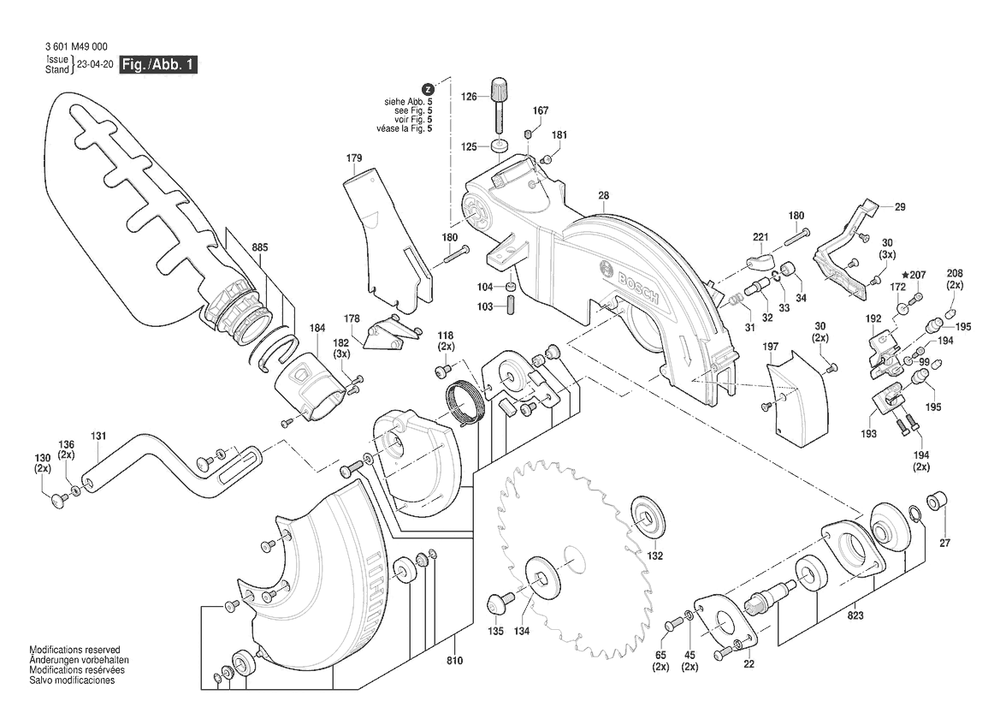 Section 1 Diagram and Parts List for GCM305-216D 3601M49070 Bosch Miter Saw