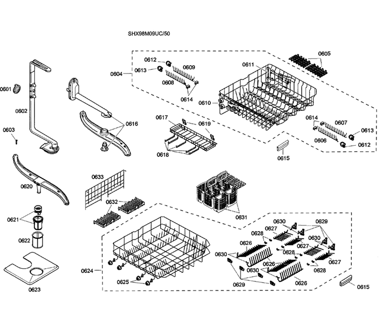 Baskets Diagram and Parts List for SHX98M09UC 50 Bosch Dishwasher