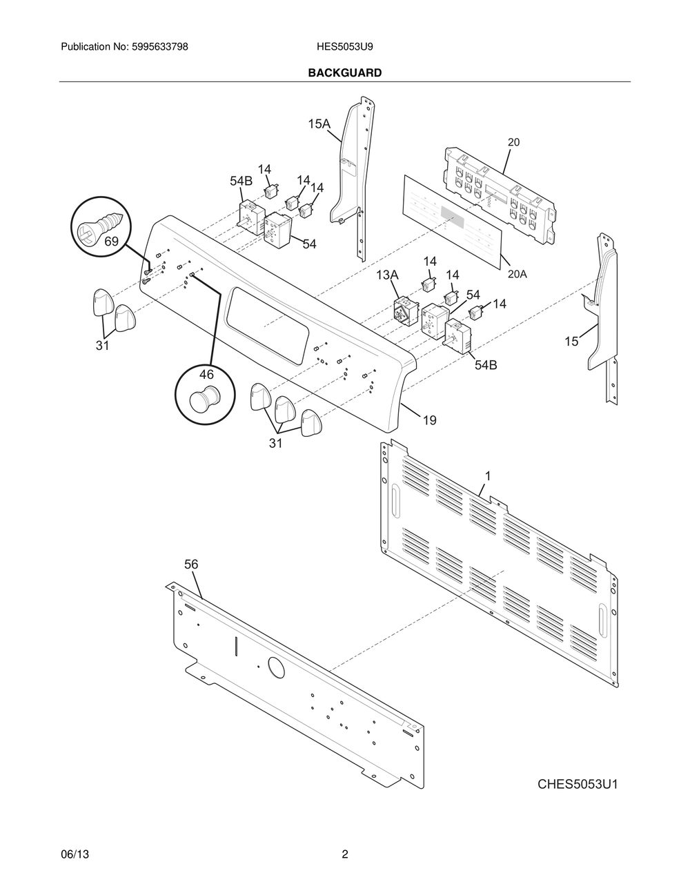 Backguard Diagram and Parts List for HES5053U9  Bosch Range
