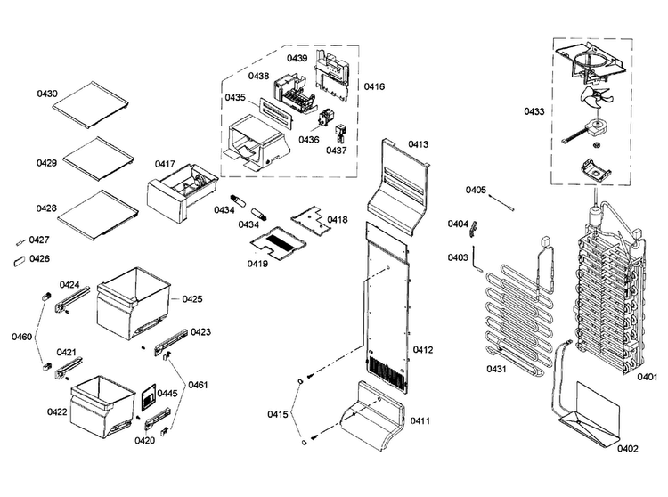 Freezer Assy Diagram and Parts List for B22CS50SNB 04 Bosch Refrigerator