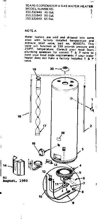 Repair Parts Diagram and Parts List for 153333640  Kenmore Water Heater