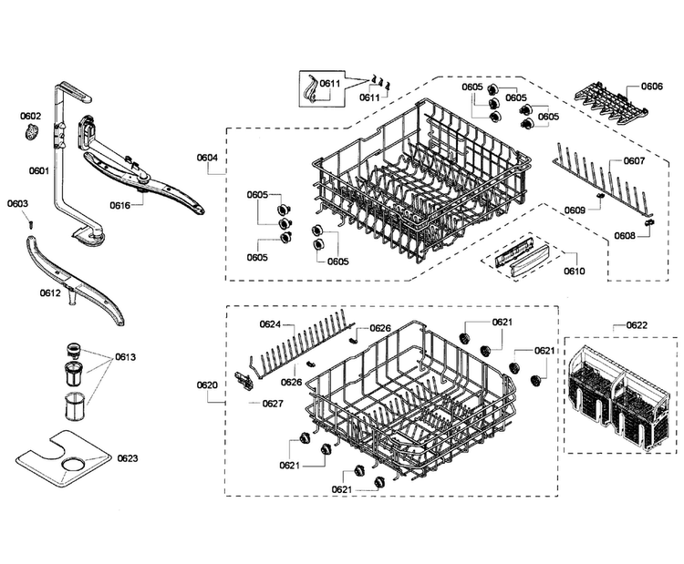 Baskets Diagram and Parts List for DWHD410HPR 60 Thermador Dishwasher