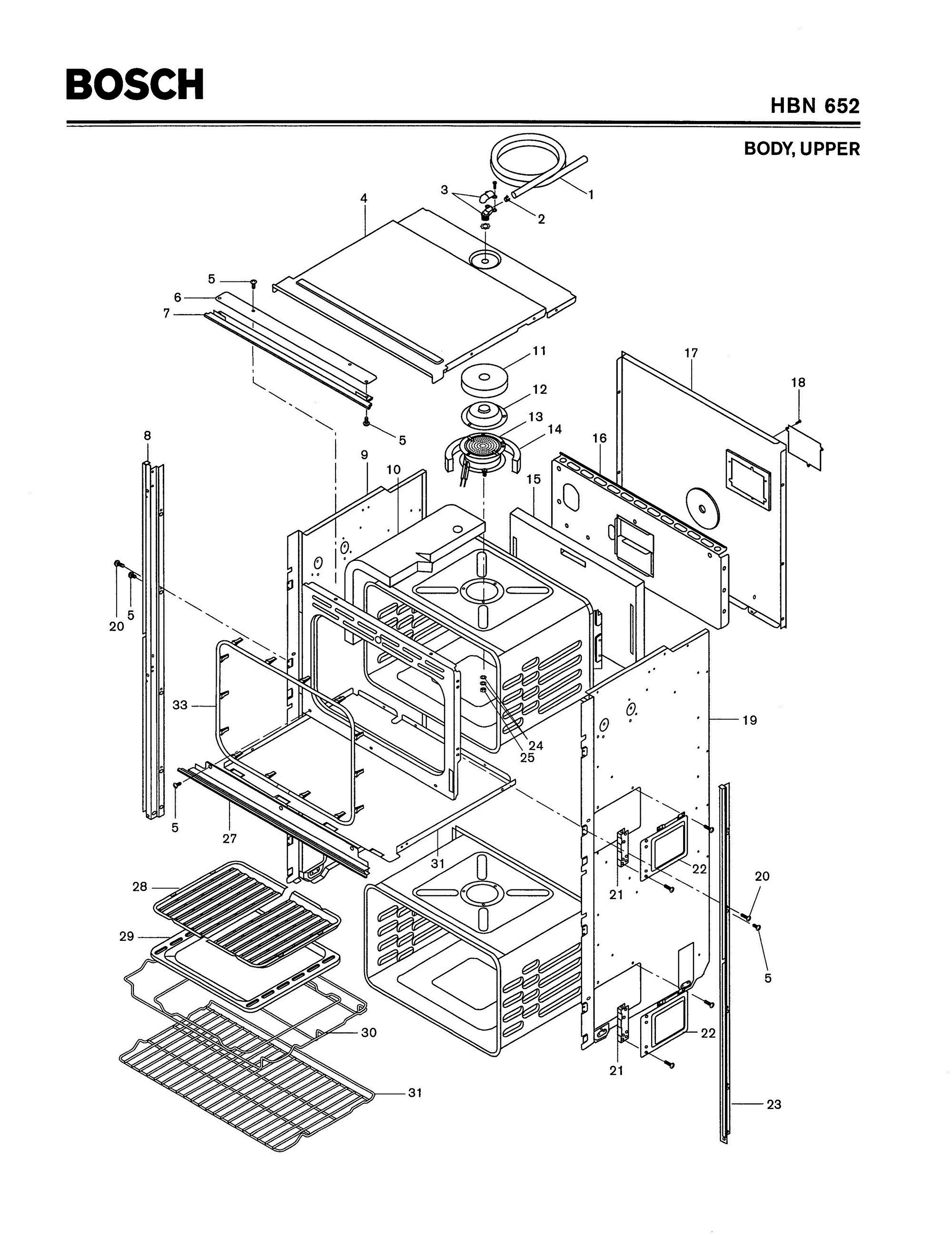 01 - BODY, UPPER Diagram and Parts List for HBN652  Bosch Range