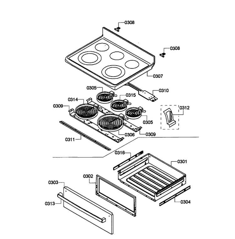Drawer/top Assy Diagram and Parts List for HES5053U 04 Bosch Range